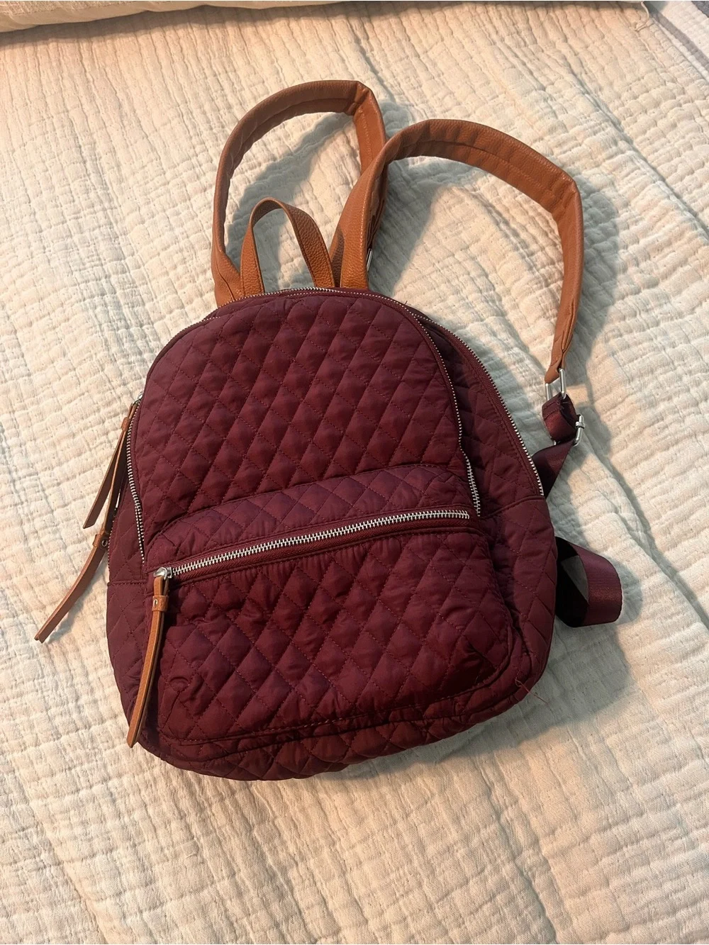 Martha Stewart Quilted Burgundy Backpack with Tan Straps